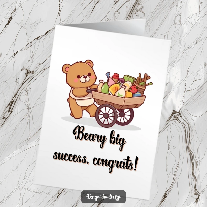 Free Printable Congratulations Card: A happy bear character joyfully pushes a cart loaded with goods.