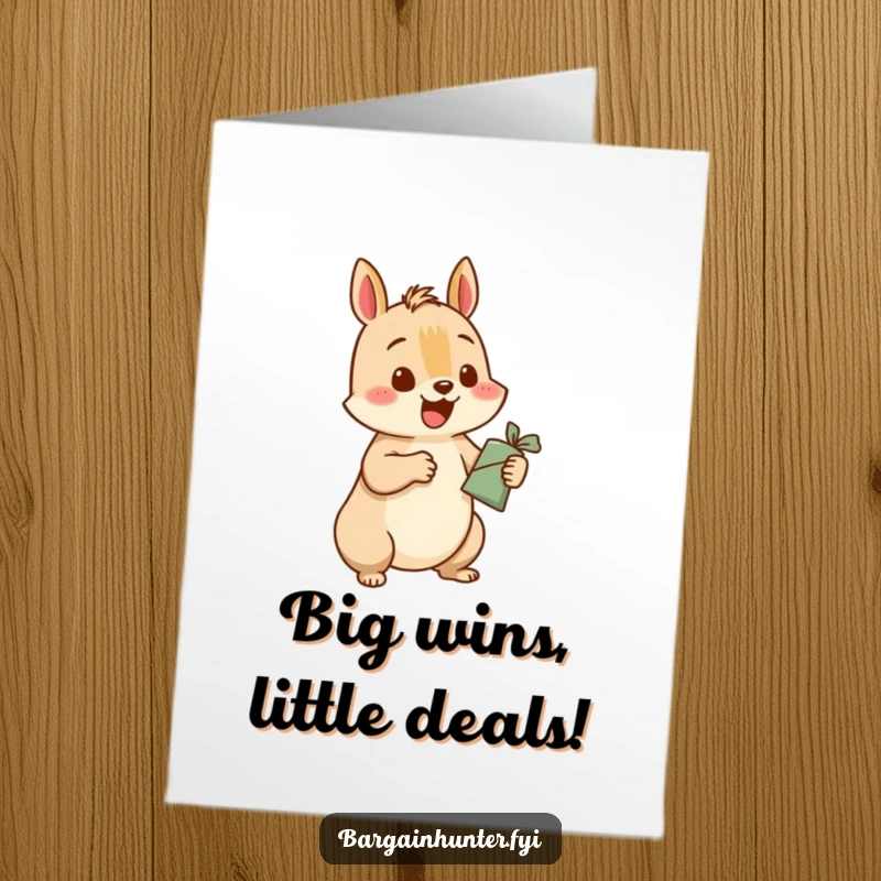 Funny Free Printable Congratulations Card: A squirrel character excitedly exchanges a small item for a bigger prize.
