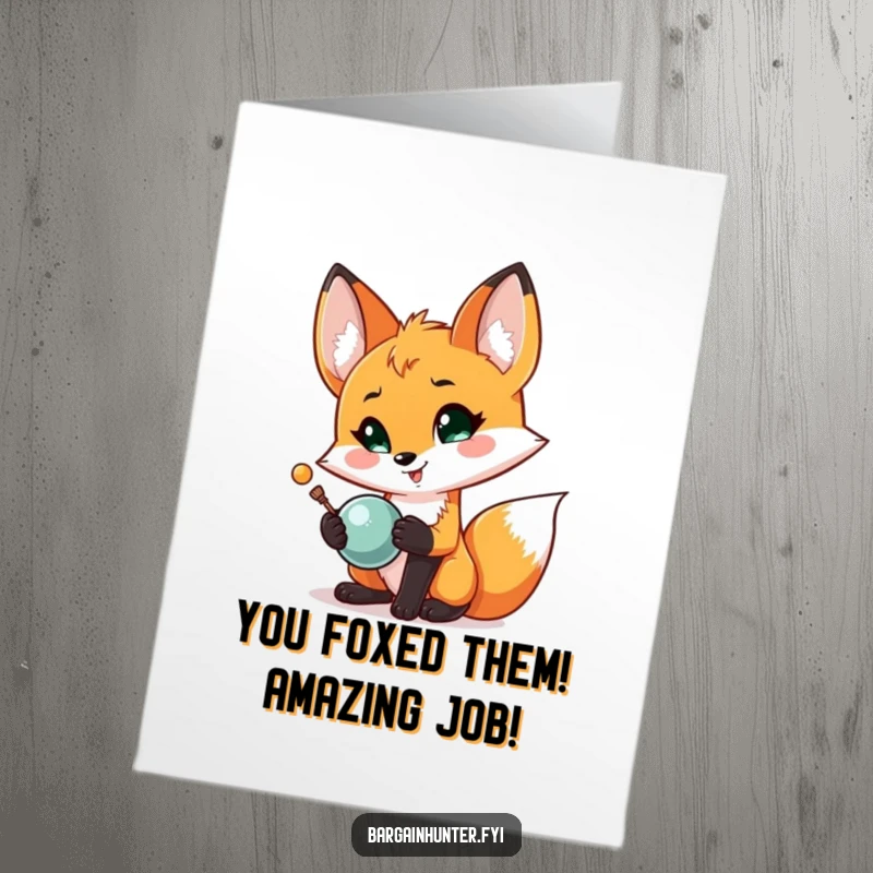 Funny Free Printable Congratulations Card: A smug fox proudly displaying a newly discovered, glittering, shiny treasure.