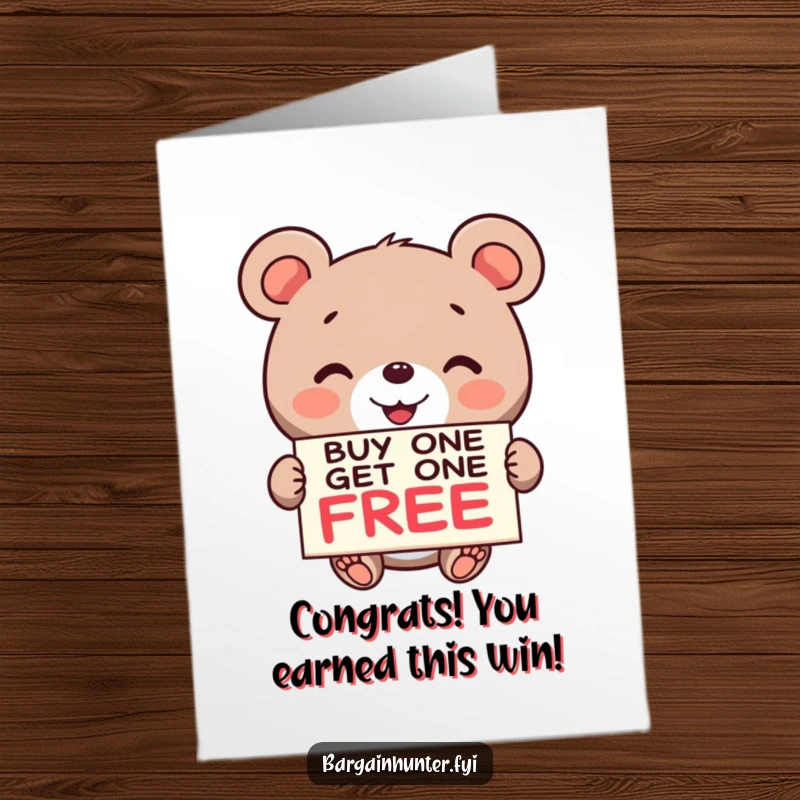 Funny Free Printable Congratulations Card: Jolly bear waving a 'Buy One Get One Free' sign, celebrating a big win!