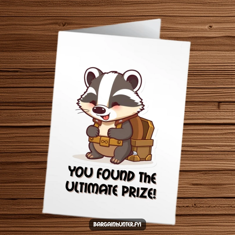 Funny Free Printable Congratulations Card: Badger excitedly peers into a treasure chest, having found something amazing.