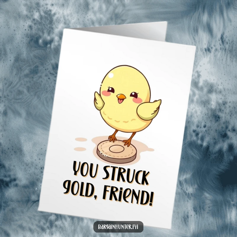 Funny free printable bird congratulations card, a happy bird finding a coin, perfect for a DIY gift.