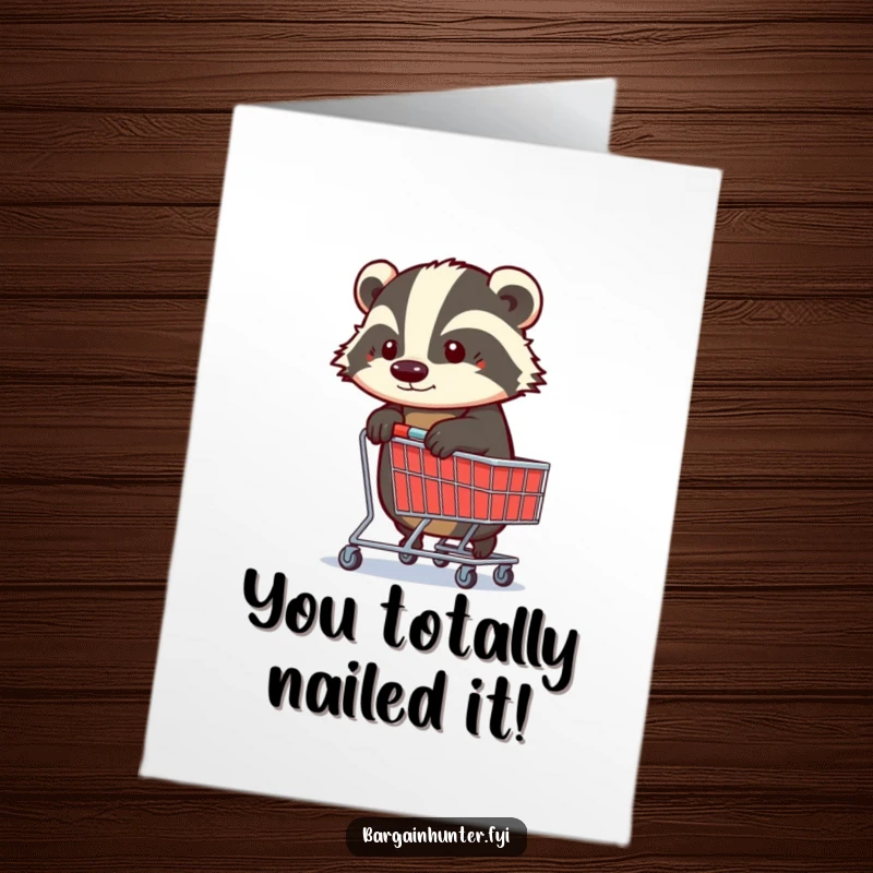 Funny free printable congratulations card: A resolute badger firmly clutches a shopping trolley, celebrating a triumphant achievement.
