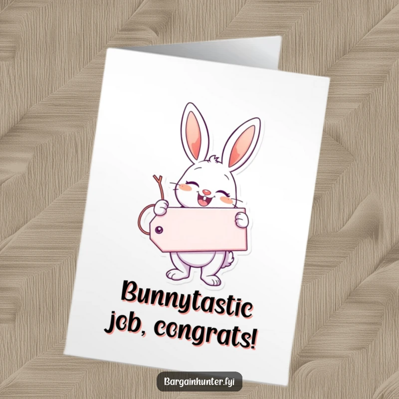 Funny Free Printable Congratulations Card: Enthusiastic Bunny Holding a Giant Tag, Cheerful Message.
