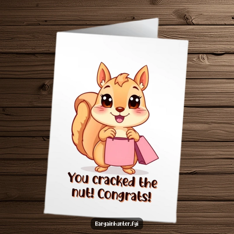 Funny Free Printable Congratulations Card: A joyful squirrel holds a shopping bag, celebrating a successful haul.