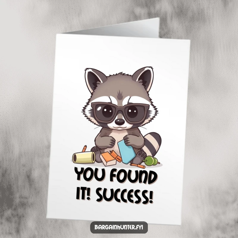 Funny Free Printable congratulations card: a curious raccoon with large glasses triumphantly holding a found item, perfect for celebrating.