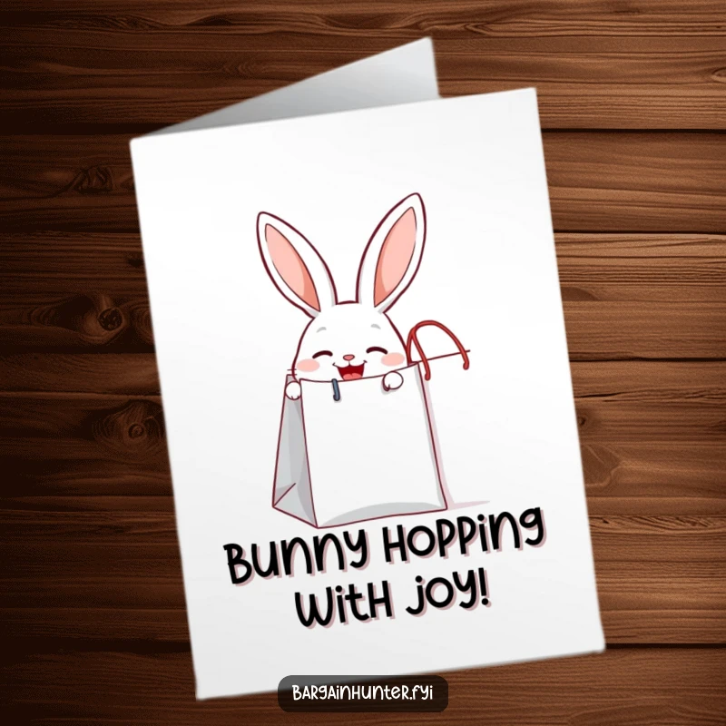 Funny Free Printable Congratulations Card: A joyful rabbit peeks out from a huge shopping bag, looking thrilled.