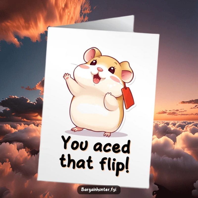 Funny Free Printable Congratulations Card: A playful hamster with a red tag on its ear does a somersault.