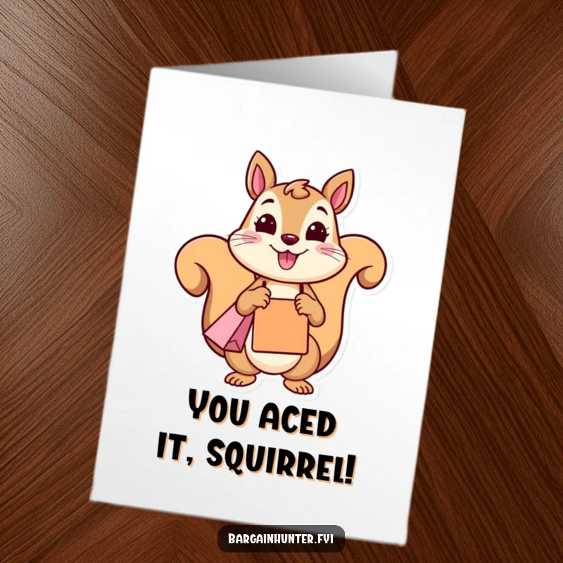 Funny Free Printable Congratulations Card: A cheerful squirrel beams, clutching a shopping bag, celebrating good news with humor.