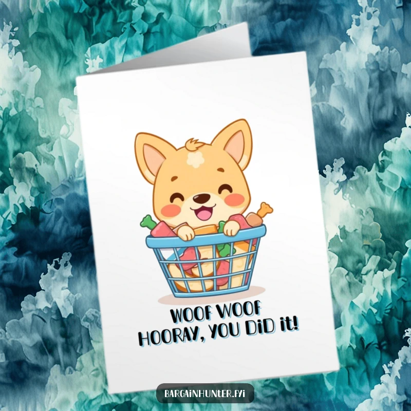 Funny Free Printable Congratulations Card: A happy dog beams over a basket completely filled with delicious treats, a humorous download.