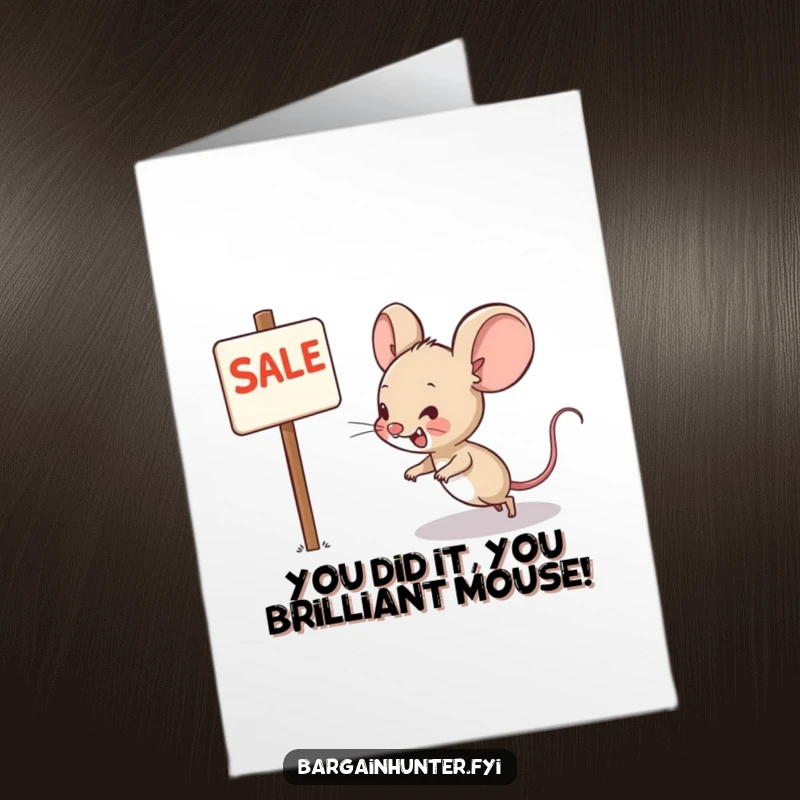 Funny free printable congratulations card featuring a mouse character with a wide grin, dashing towards a sale sign, celebrating a win.