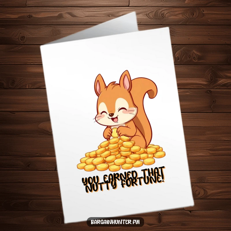 Funny free printable congratulations card featuring a squirrel character eagerly counting a pile of shiny coins, celebrating wealth and success.
