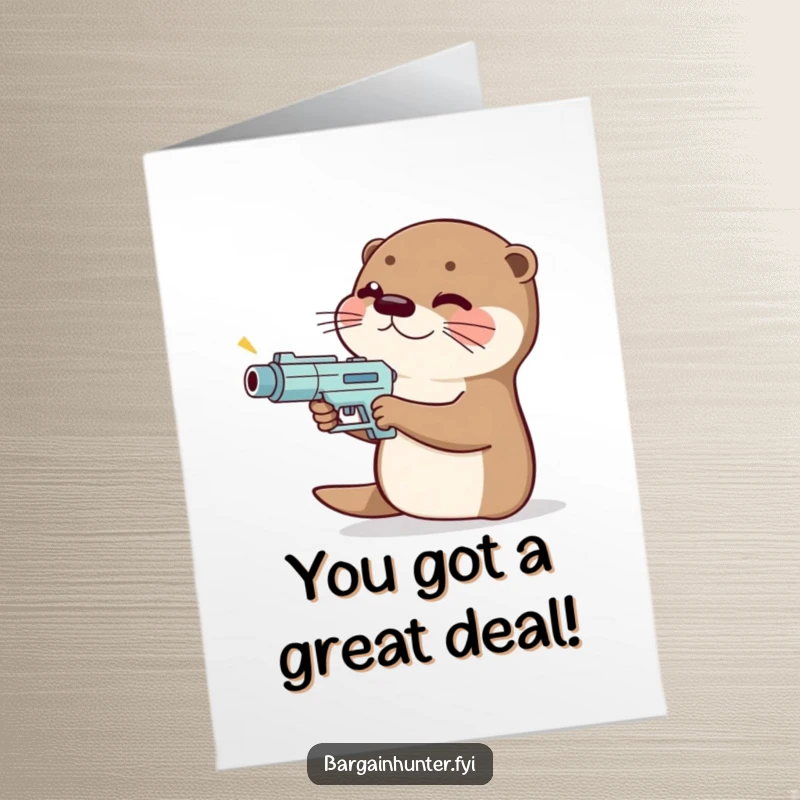 Funny Free Printable Otter Congratulations Card: Giggling otter aiming a tiny price gun, celebrating a big win.