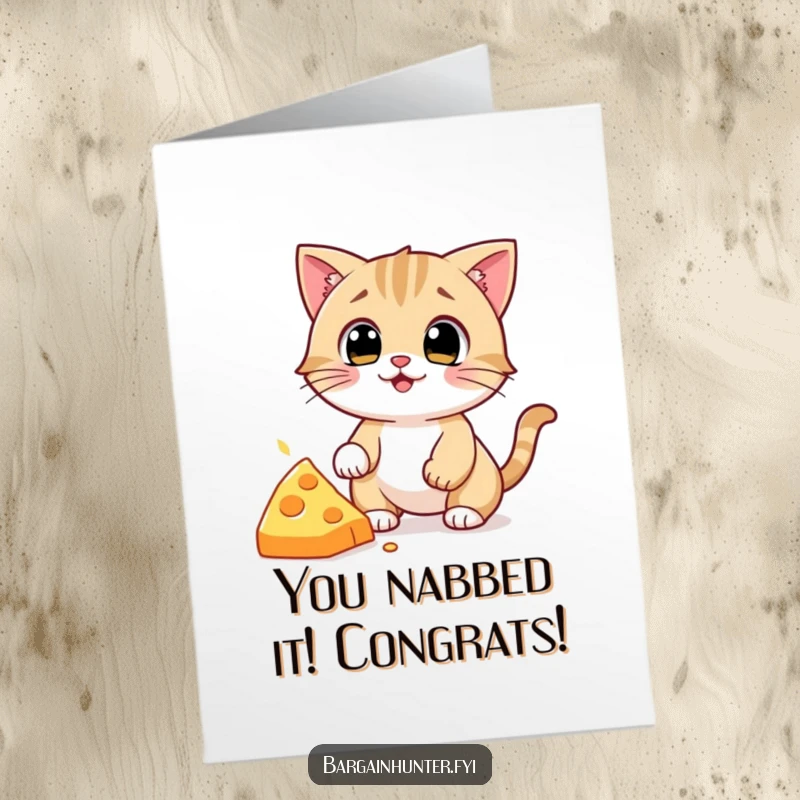 Funny free printable congratulations card: cat caught mid-pounce, eyes locked on fallen cheese, hilarious celebration.