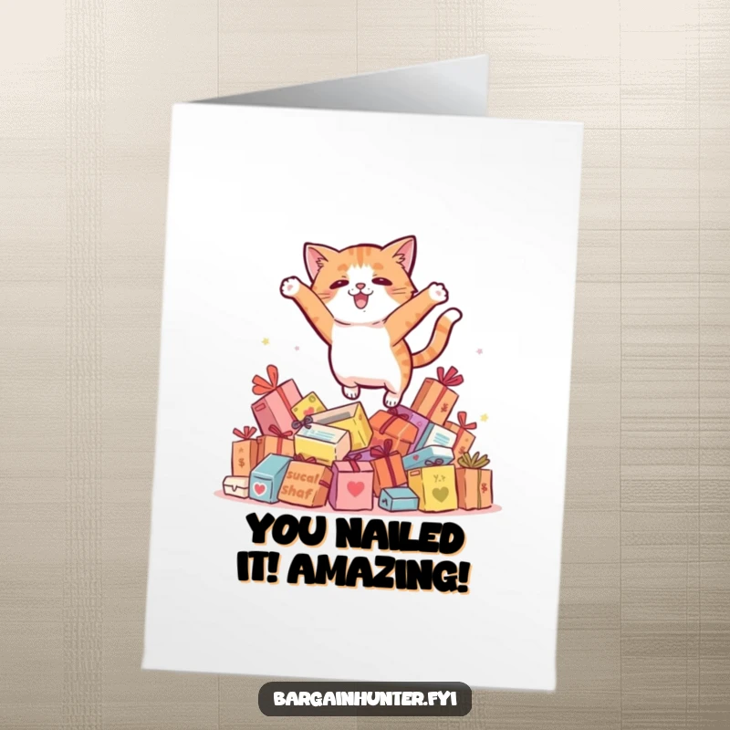 Funny Free Printable Congratulations Card: A playful cat celebrates your winning streak by leaping over a pile of sale items.
