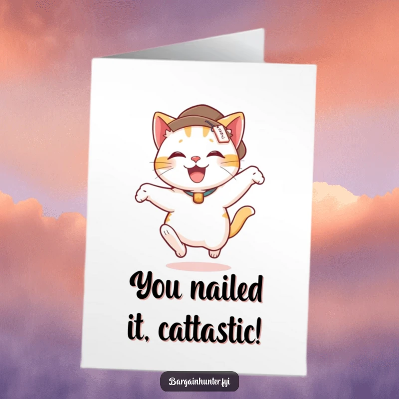 Funny Free Printable Congratulations Card: A delighted cat wearing a price-tagged hat performs an energetic leap, a downloadable celebration.