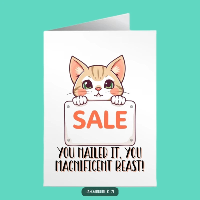 Free Printable Congrats Card: Curious Cat Sale Sign Design for Exciting News
