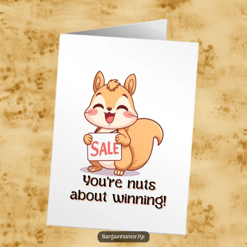 Funny free printable congratulations card, a happy squirrel character clutches a sale tag, signifying a great deal.