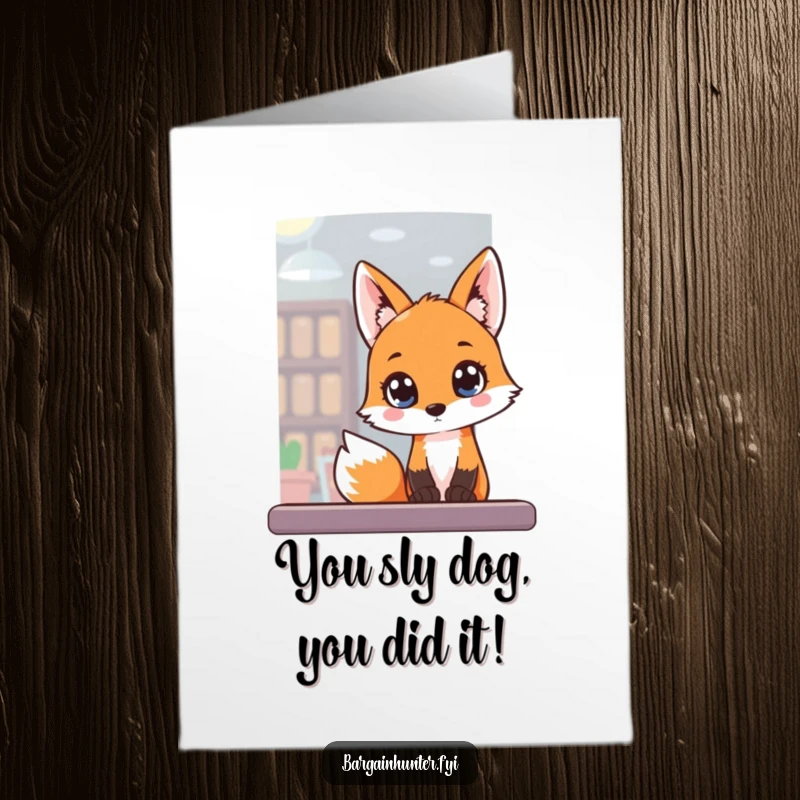 Funny Free Printable Congratulations Card: A fox looks into a shop window with wide, hopeful eyes, ready for good news.