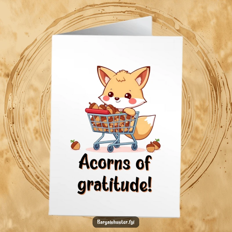 Funny Free Printable Thank You Card: A happy fox with a cart loaded with acorns expresses thanks.