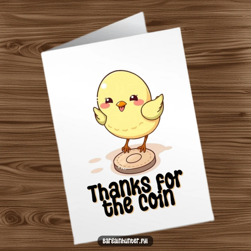 Funny free printable bird thank you card, a happy bird grateful for a coin, perfect for a DIY gift.