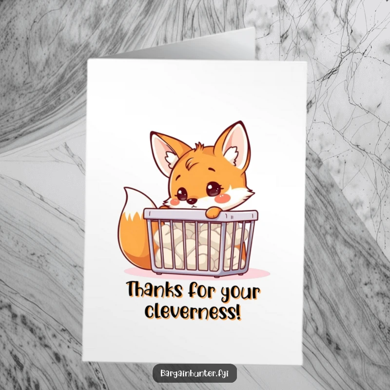 Funny Free Printable Thank You Card: A curious fox peers into a bargain bin, finding the perfect way to say thanks.