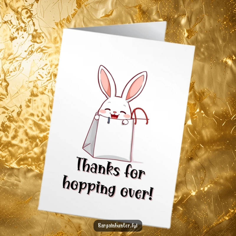 Funny Free Printable Thank You Card: A joyful rabbit peeks out of a giant shopping bag, showing gratitude.