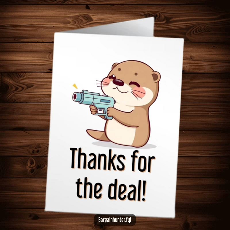 Funny Free Printable Otter Thank You Card: Giggling otter aiming a tiny price gun, offering thanks.
