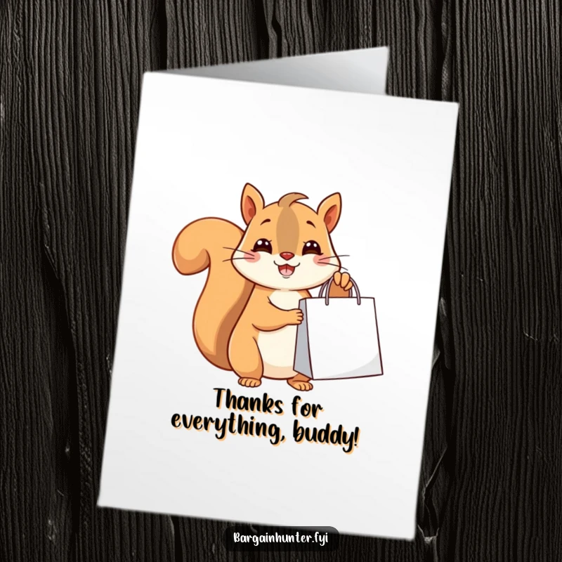Funny Free Printable Thank You Card: Happy squirrel holds a shopping bag, offering thanks.