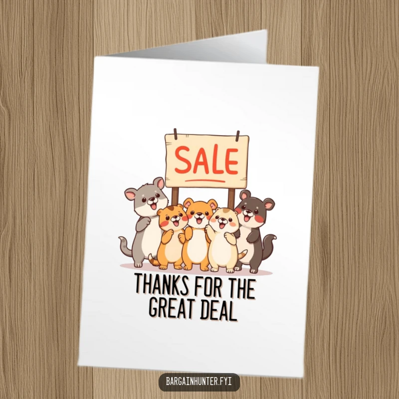 Funny Free Printable Thank You Card: Animals excitedly pointing at sale sign, expressing thanks, humorous downloadable art.