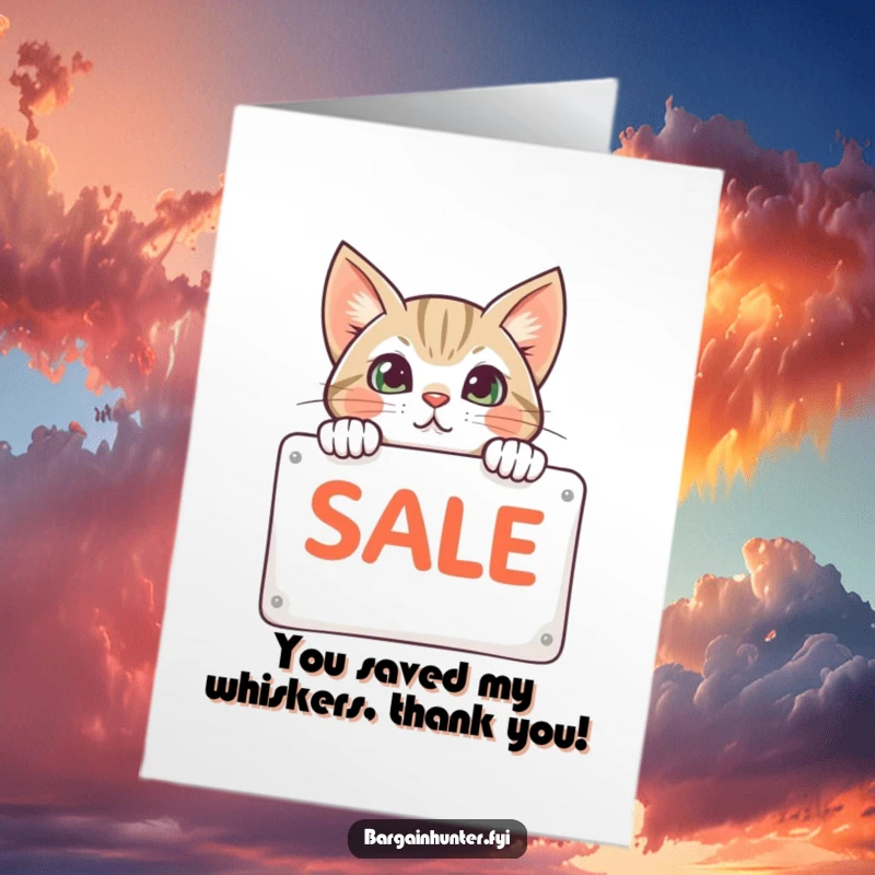 Funny Free Printable Thank You Card: A curious cat peeking behind a sale sign, offering thanks with a playful expression.