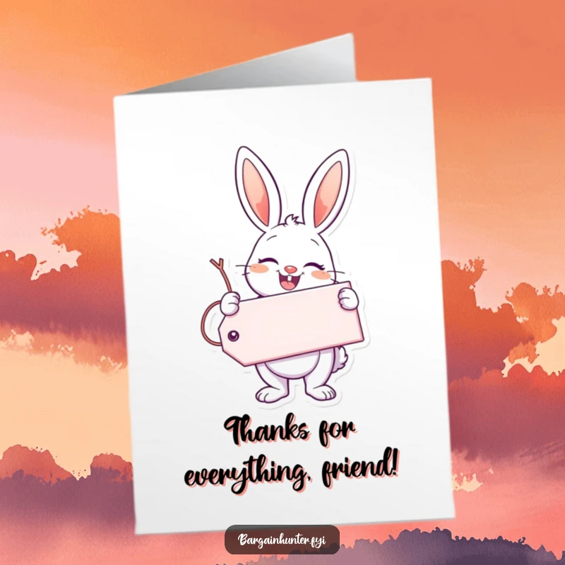 Funny Free Printable Thank You Card: Enthusiastic Bunny Holding a Giant Tag, Smiling Brightly.