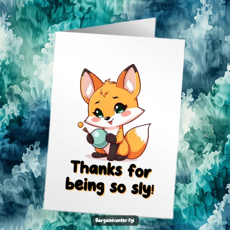 Funny Free Printable Thank You Card: A delighted fox proudly showing off a remarkable, shiny object it treasures.