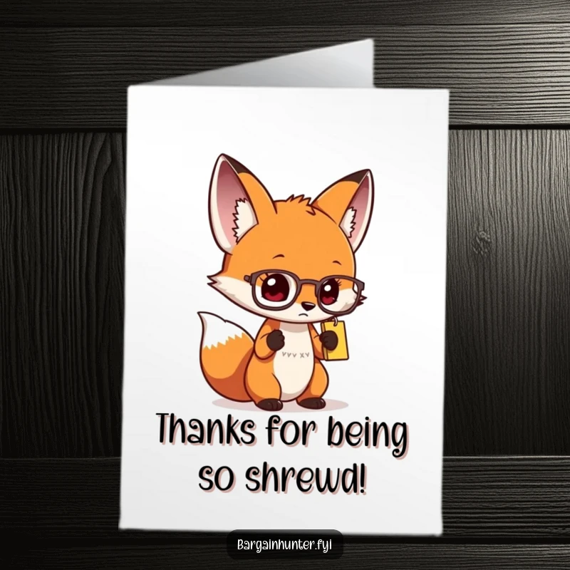 Funny Free Printable Thank You Card with a curious fox wearing spectacles, examining a price tag, showing gratitude for a good deal.