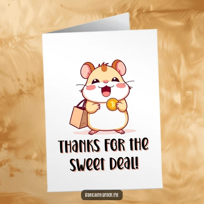 Funny Free Printable Thank You Card with an excited hamster clutching a shiny coin, expressing gratitude with a cheerful vibe.