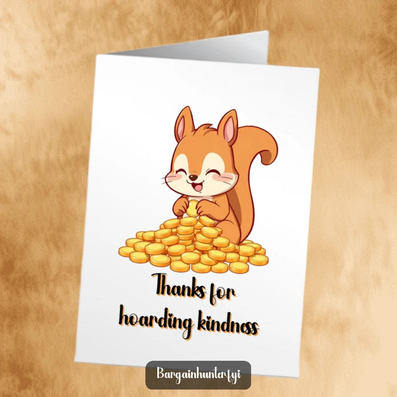 Funny free printable thank you card with an excited squirrel character counting a big pile of shiny coins, a gesture of thanks.