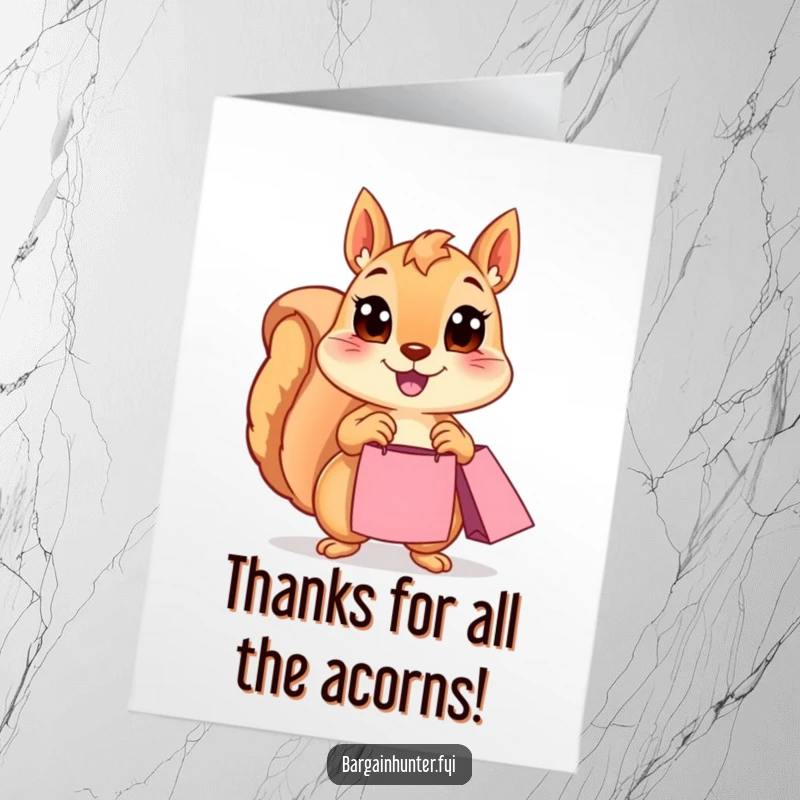 Funny Free Printable Thank You Card: A happy squirrel with wide eyes carries a shopping bag, expressing thanks.