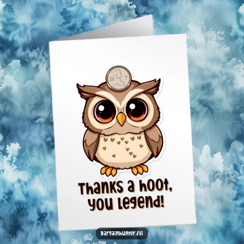 Funny Free Printable Thank You Card: A surprised owl with round eyes spots a penny, expressing thanks for a fortunate event.