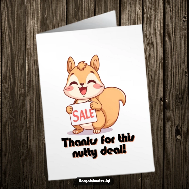 Funny free printable thank you card, a squirrel character beaming while holding a sale tag, expressing thankfulness.