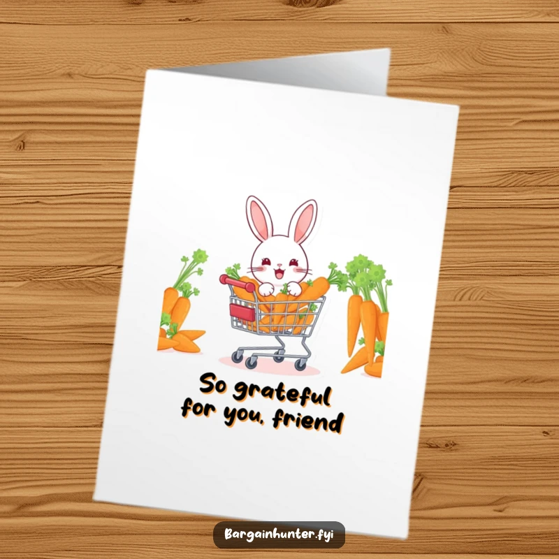Funny Free Printable Thank You Card: A cheerful rabbit proudly displays a cart overflowing with carrots, saying thanks.
