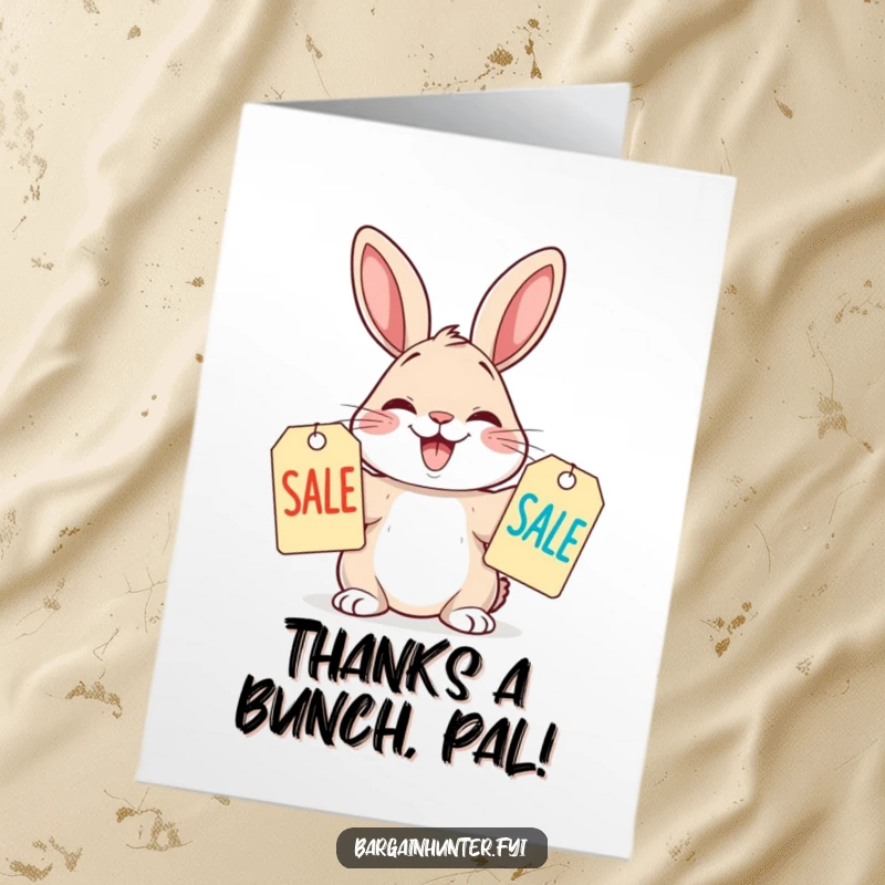 Funny Free Printable Thank You Card: A rabbit with a cheeky grin holds two sale tags, expressing thanks.