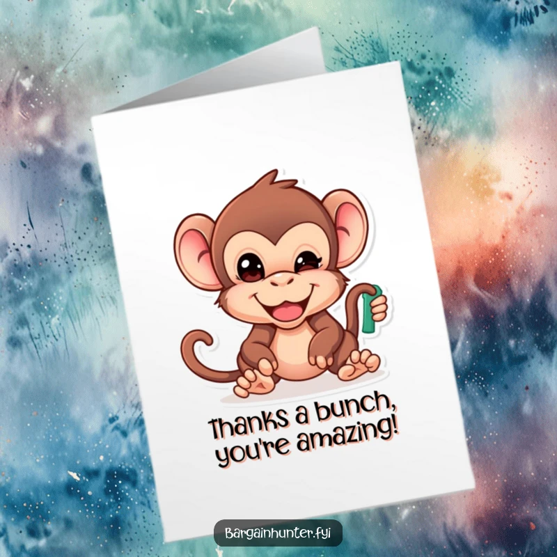 Funny Free Printable Thank You Card: Cheeky monkey focused on grabbing the best deal, showing appreciation.