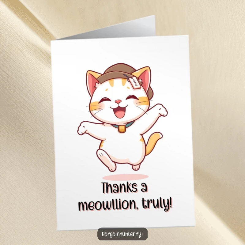 Funny Free Printable Thank You Card: A delighted cat with a price tag on its hat leaps joyfully, a humorous download.