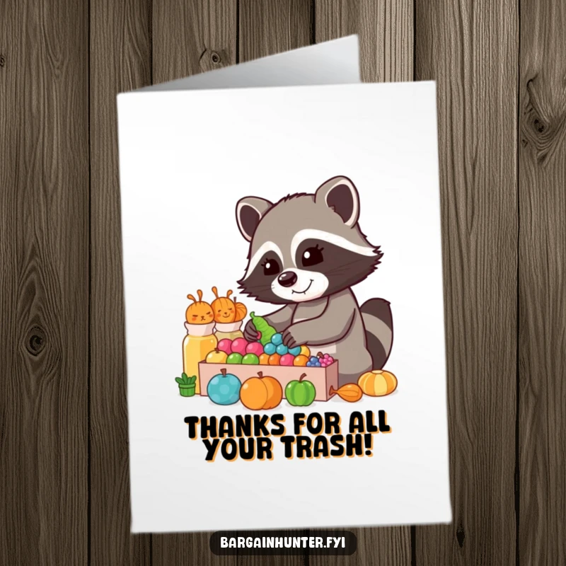 Funny Free Printable Thank You Card: A content raccoon happily examining a collection of various colorful items.