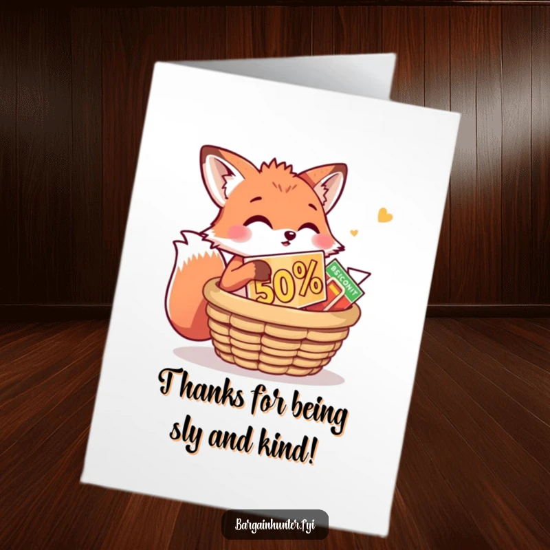 Funny Free Printable Thank You Card: A playful fox grabs a big discount and puts it in a basket, saying thanks.