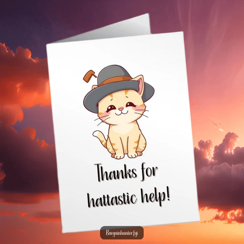 Funny Free Printable Thank You Card: A playful cat character amusingly tries on a very large hat.