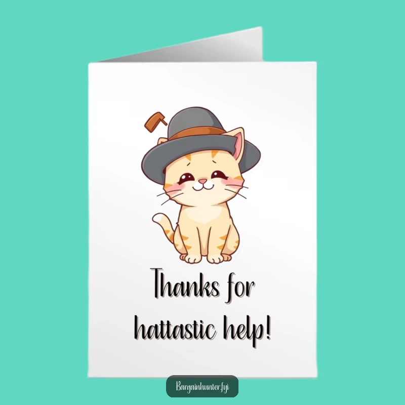Free Printable Thank You Card: Amused Cat in Giant Hat, Funny Downloadable Gift
