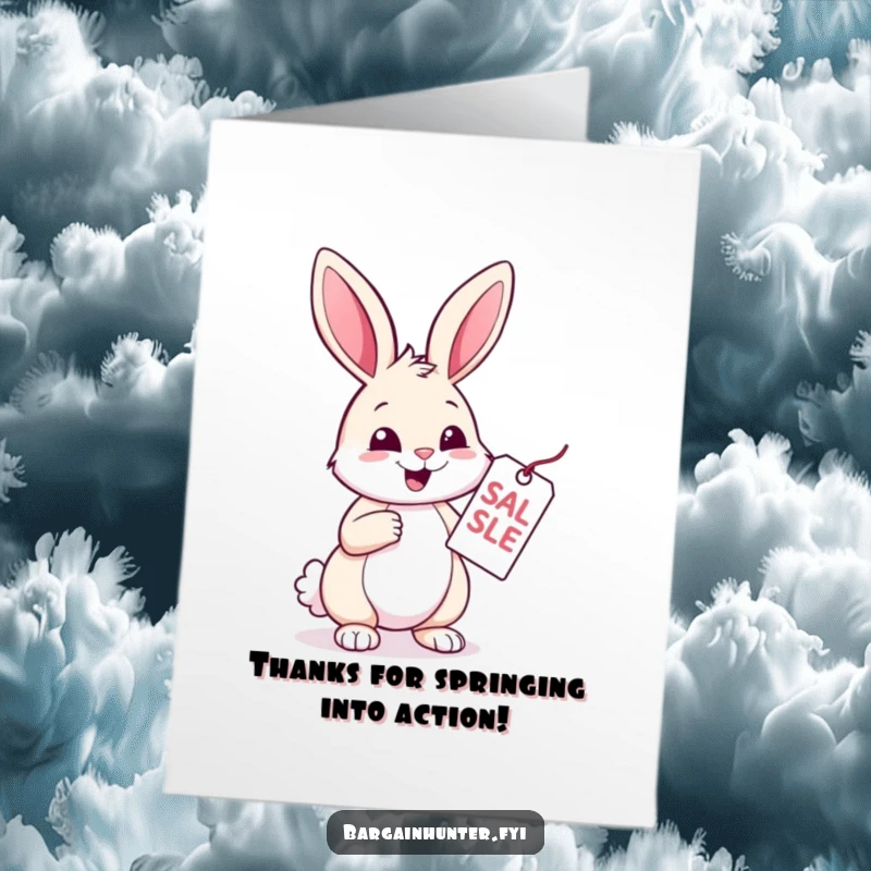 Funny Free Printable Thank You Card: A gleeful rabbit examines a sale tag, showing appreciation for a great find.