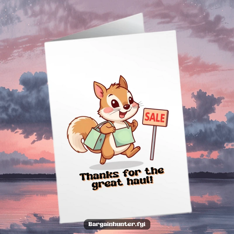 Funny Free Printable Thank You Card: Squirrel with shopping bag leaps joyfully at a big sale sign.