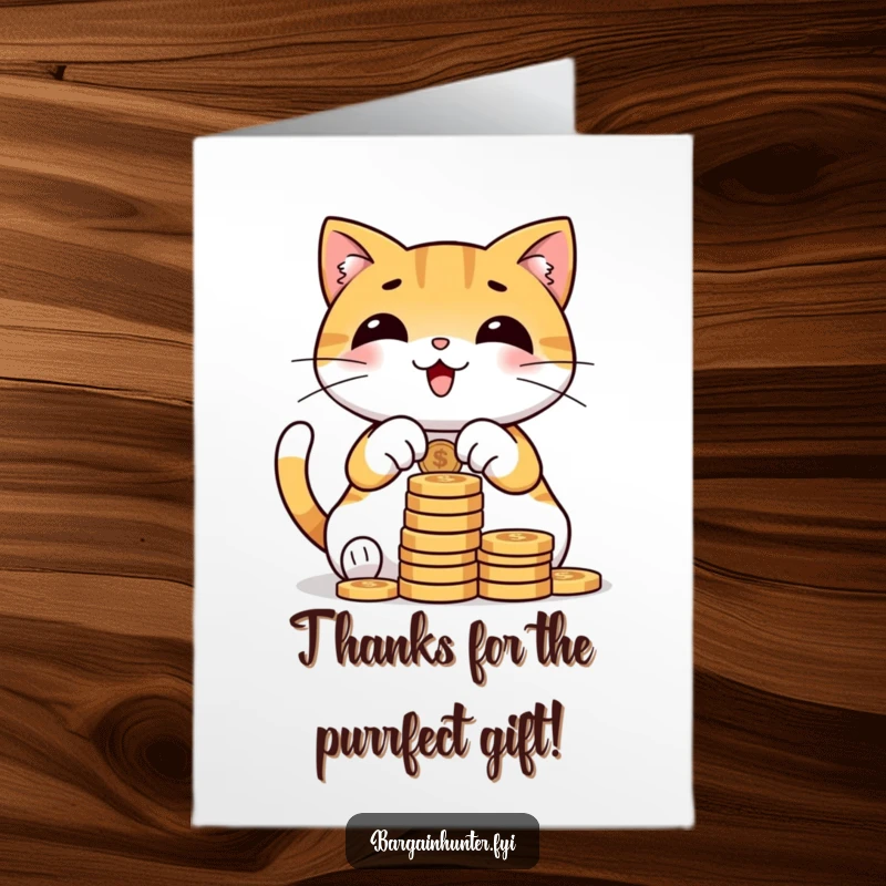 Funny free printable thank you card, a cat happily counting coins, showing gratitude with a humorous touch.
